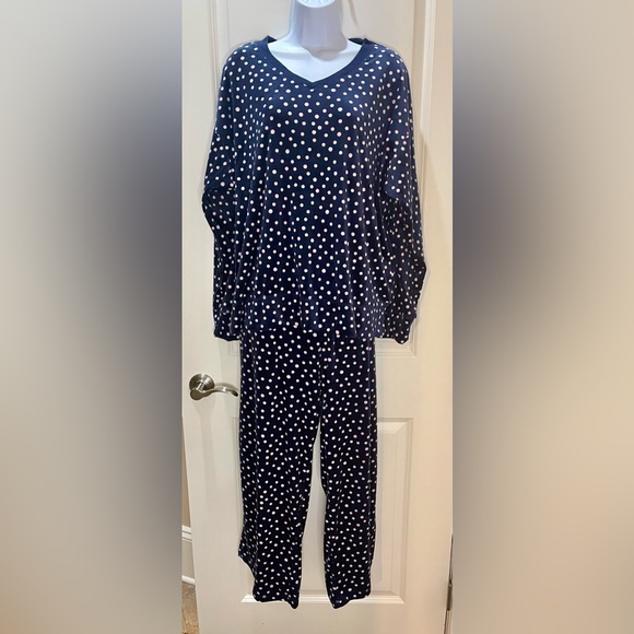 Nautica Women’s Navy and Pink Polka Dot Silky Stretch Fleece Pajama Set Size L - Picture 1 of 9